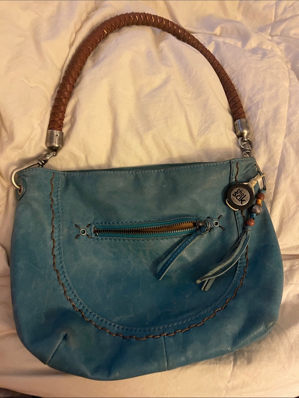The Sak Blue Leather Shoulder Bag with Brown Braided Handle